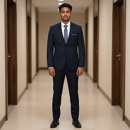 Photograph of a handsome South Asian man with short black hair, light brown skin, and a trimmed beard, wearing a dark navy suit, white shirt