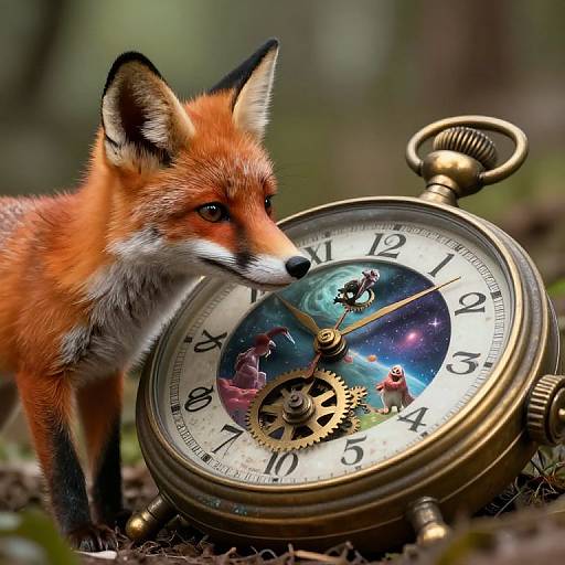 Photorealistic image of a curious red fox standing beside a brass pocket watch with a cosmic and fantasy-themed face.