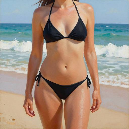 Photograph of a tan-skinned woman in a black bikini standing on a sunny beach with waves in the background.