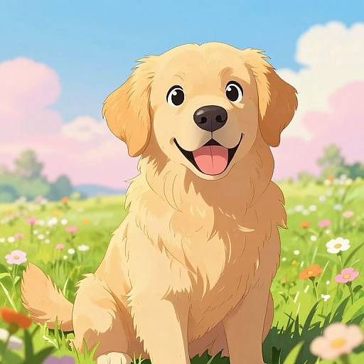 Digital drawing of a happy, golden-furred Golden Retriever sitting in a vibrant, colorful meadow with flowers under a clear blue sky.