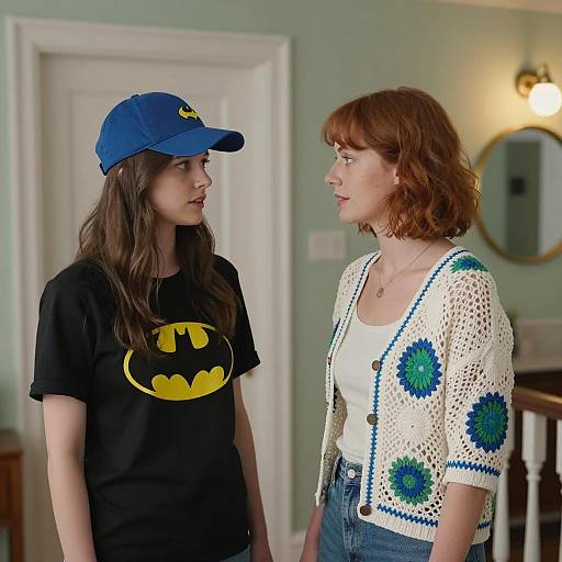 Two Women Standing Indoors Facing Each Other