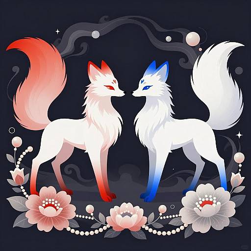 Illustration of Two White Fox-like Creatures with Red and Blue Accents