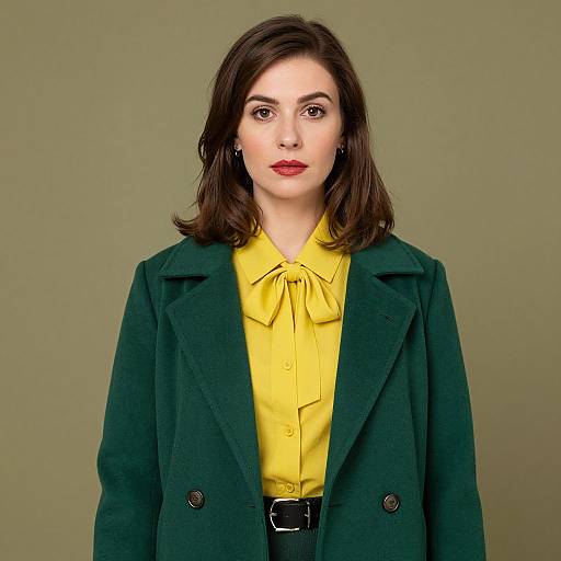 Photograph of a fair-skinned woman with dark brown shoulder-length hair, wearing a green coat over a yellow blouse with a bow tie, against a