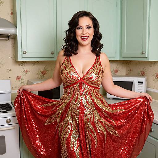 Photograph of a smiling brunette woman with fair skin, wearing a deep V-neck, red and gold sequined dress, holding out the skirt in a