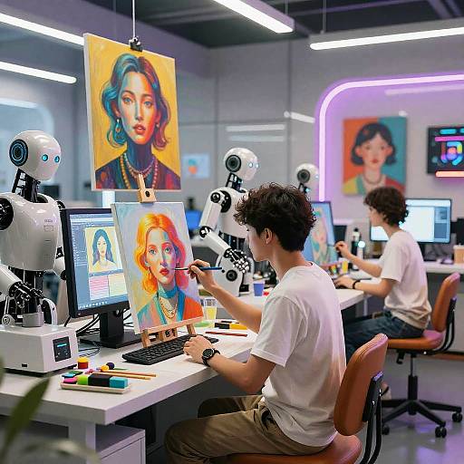 Photograph of two artists in a modern studio, each using digital drawing tablets with robotic assistants, surrounded by colorful portrait paintings and neon lighting.