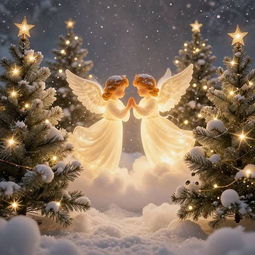 Photograph of glowing angel figurines with wings, facing each other, surrounded by snow-covered pine trees, lit with warm star-shaped lights.