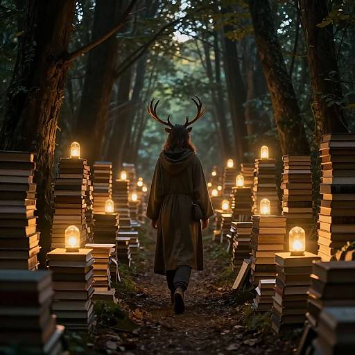 Photograph of a figure with deer antlers and hooded cloak walking through a forest path lined with glowing candles and stacks of books.