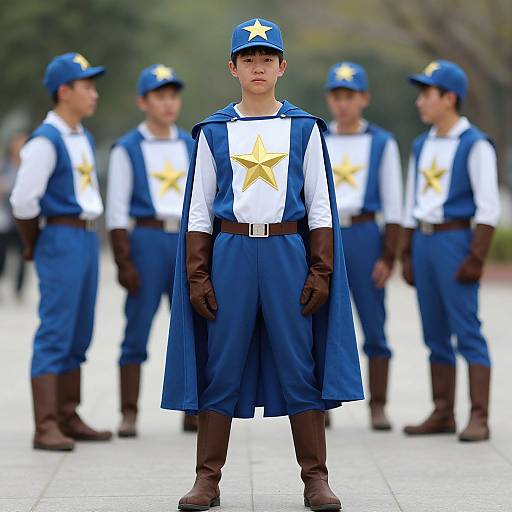 Photograph of a young boy in a blue superhero uniform with a star emblem, standing in front of five similarly dressed boys in a blurred outdoor setting.