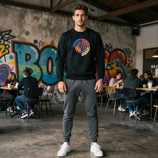 Photograph of a young man with dark hair, wearing a black sweatshirt with a colorful spiral design, gray pants, and white sneakers, standing in