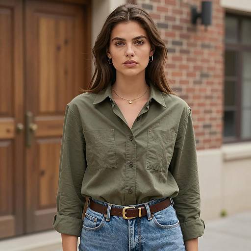 Young Woman in Olive Green Shirt and Denim Jeans