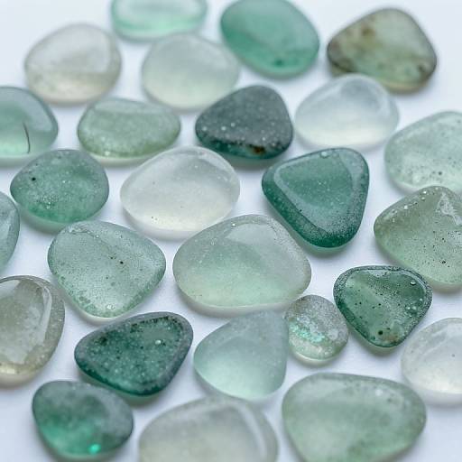Photograph of various translucent green and white pebbles with speckles, scattered on a white background, showcasing their smooth, irregular shapes and different