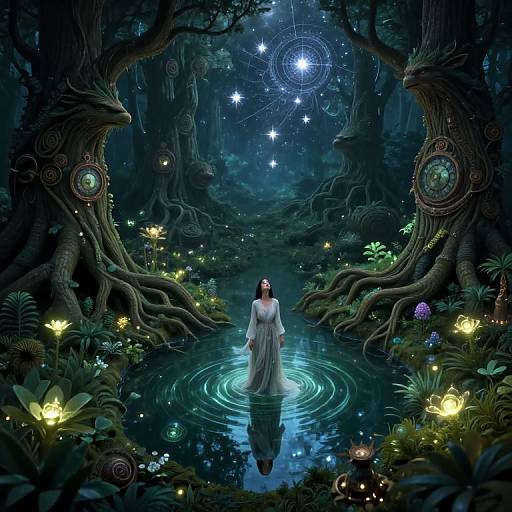 Digital fantasy artwork of a serene woman in white, standing in a glowing, illuminated forest pond, surrounded by ethereal stars, glowing plants, and mystical