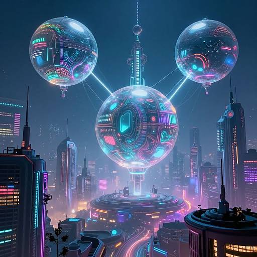 Neon-lit futuristic cityscape with three glowing, holographic spheres suspended above a bustling, cyberpunk metropolis with vibrant, colorful lights.