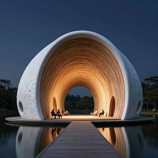 Futuristic White Foam Building on Lake