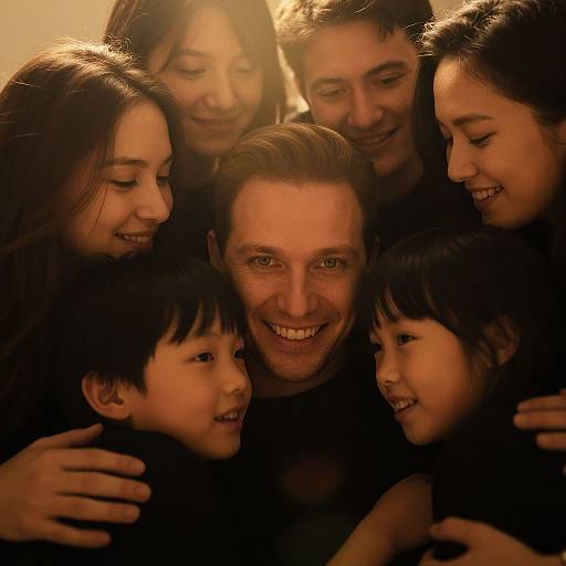 Close-knit family photograph: smiling father at center surrounded by four children and two mothers, warm lighting, dark clothing, intimate and joyful atmosphere.