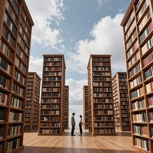 Photograph of a library courtyard with two people standing between towering bookshelves under a bright, partly cloudy sky.