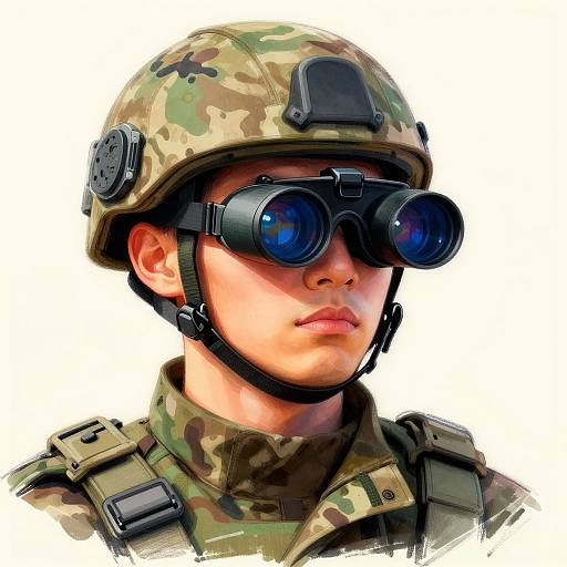 Digital illustration of a serious soldier with camouflage helmet, black goggles, and tactical gear, against a white background. Realistic style.