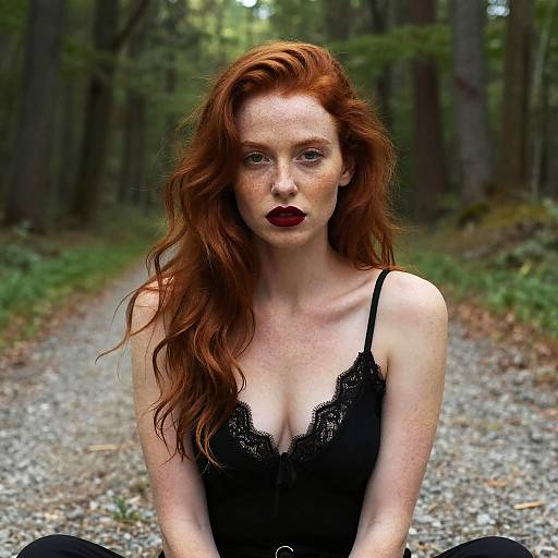 Photograph of a fair-skinned, red-haired woman with freckles, wearing black lace camisole, sitting on a forest gravel path,