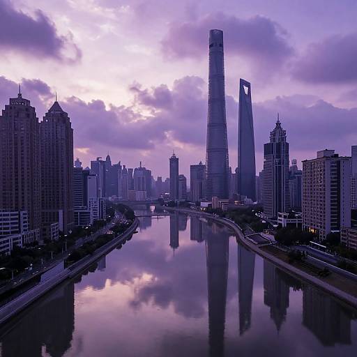 Photograph of a cityscape at dusk with purple and pink sky, reflecting skyscrapers in a calm river, featuring a prominent tall building with a