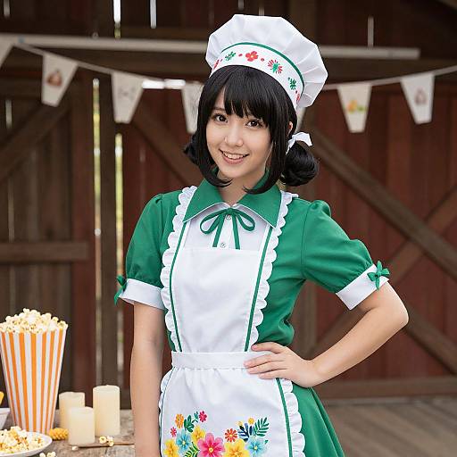 Digital photograph of a smiling Asian woman in a green and white maid outfit with floral embroidery, standing in front of a wooden barn with popcorn and candles on