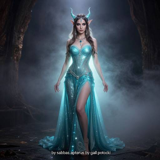 Photograph of a fantastical elf woman with glowing blue horns, wearing a shimmering blue, form-fitting gown with a high slit, standing in