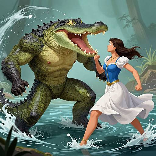 Digital illustration of a muscular, green crocodile with sharp teeth facing a brave woman in a blue dress and white skirt, running through splashy water in