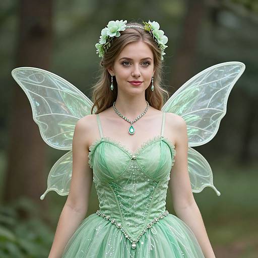 Photograph of a young woman with fair skin, green fairy dress, translucent wings, flower crown, green necklace, and earrings, standing in a forest