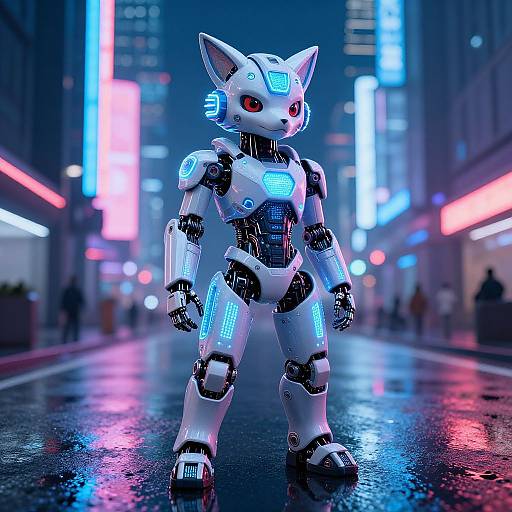 Cybernetic cat robot with glowing blue lights stands confidently in a neon-lit, rain-soaked futuristic city street at night.