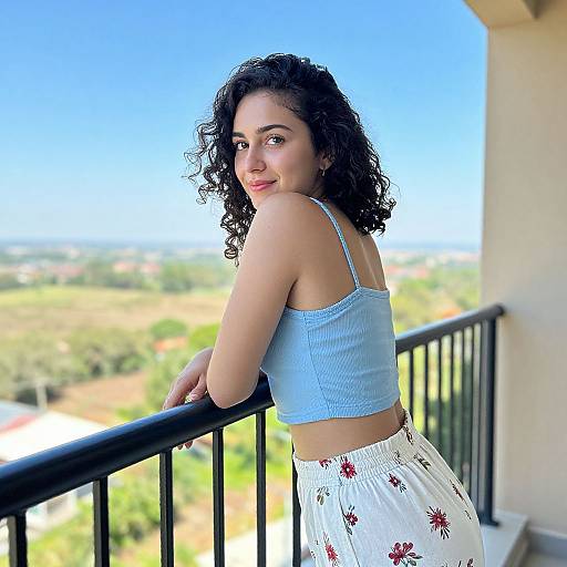 Photograph of a curly-haired woman with light brown skin, wearing a blue crop top and white floral skirt, leaning on a balcony railing with a bright