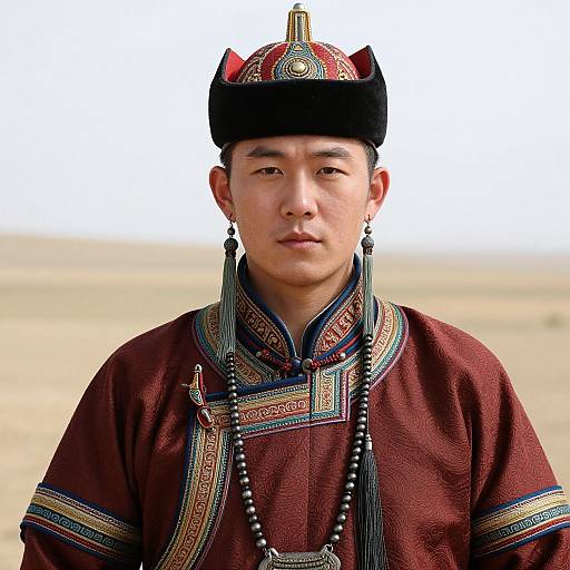 Photograph of a young Asian man in traditional Mongolian attire, wearing a red and black embroidered robe, black hat with horn-like decorations, and long