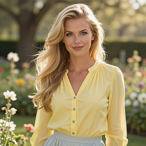 Photograph of a smiling blonde woman with long hair, wearing a yellow button-up shirt and light blue skirt, standing in a sunlit garden with colorful