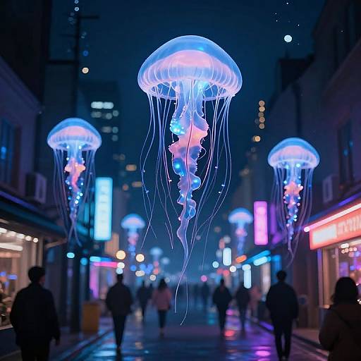 Photograph of a neon-lit city street at night featuring glowing blue and purple jellyfish-like lights floating above pedestrians.