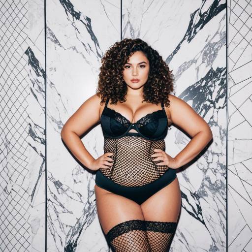 Confident Curly Woman in Black Fishnet Lingerie