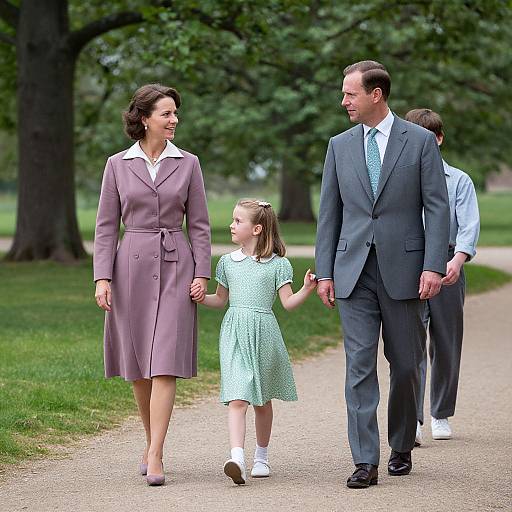 Photograph of a woman in a purple coat, a man in a grey suit, and a girl in a green dress holding hands on a park path