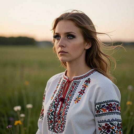 Photograph of a young woman with long, wavy blonde hair, wearing an embroidered white blouse, standing in a sunlit meadow at sunset.