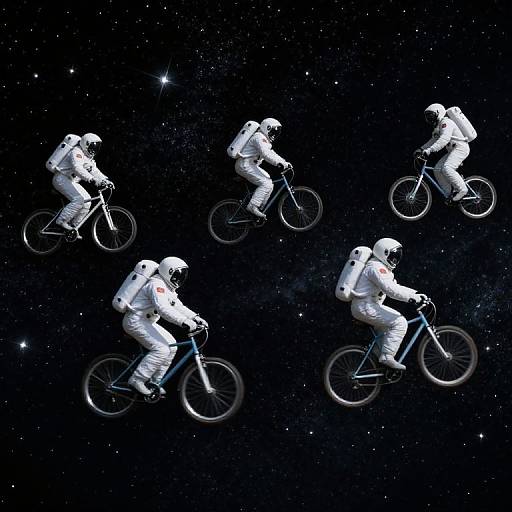 Photograph of six astronauts in space suits riding bicycles, floating against a star-filled, black space background.