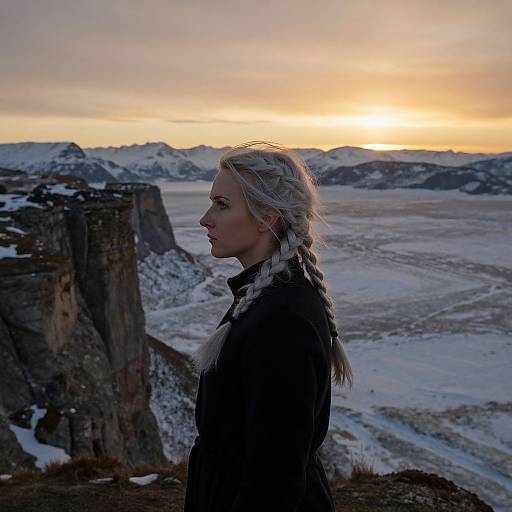Stoic Woman on Windswept Cliff