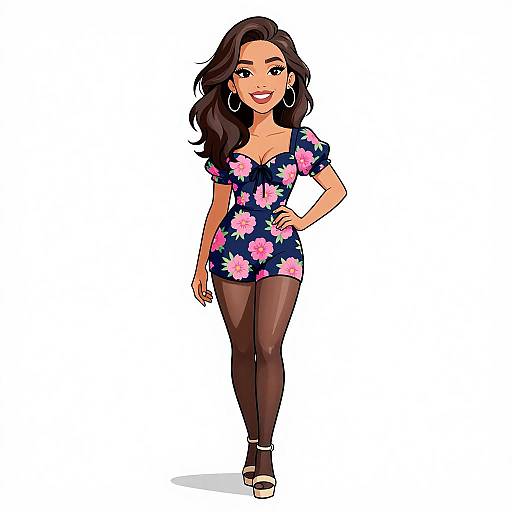 Digital illustration of a smiling woman with long black hair, wearing a navy floral dress, black tights, and beige heels.