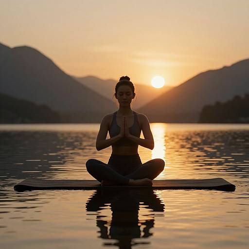Photograph of a silhouetted woman in a yoga pose, sitting cross-legged on a floating mat, meditating at sunset on a calm lake