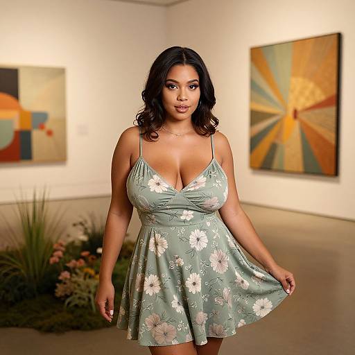 Photograph of a curvy, dark-skinned woman with wavy black hair, wearing a low-cut, floral green dress, standing in an art