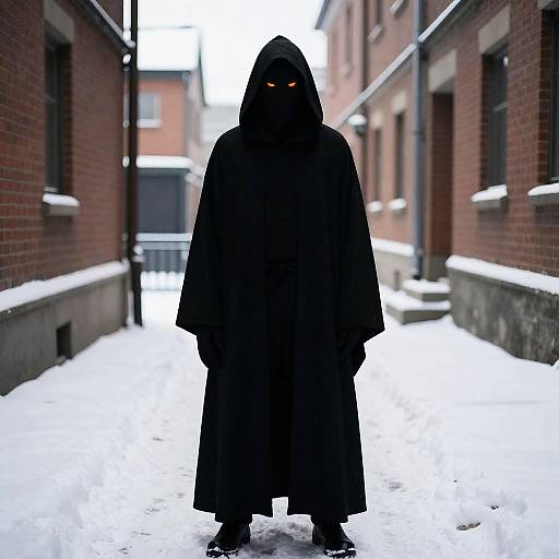 Enigmatic Cloaked Figure in Snowy Alley