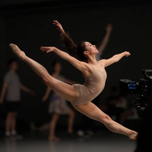 Photograph of a female ballerina in a beige leotard, mid-air with extended arms and leg, against a dark, blurred background.