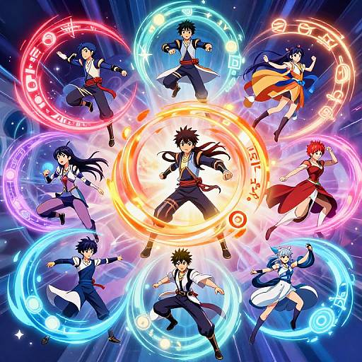 Digital anime artwork of six colorful, dynamic characters in combat poses, each surrounded by glowing, circular magical effects in vibrant hues.