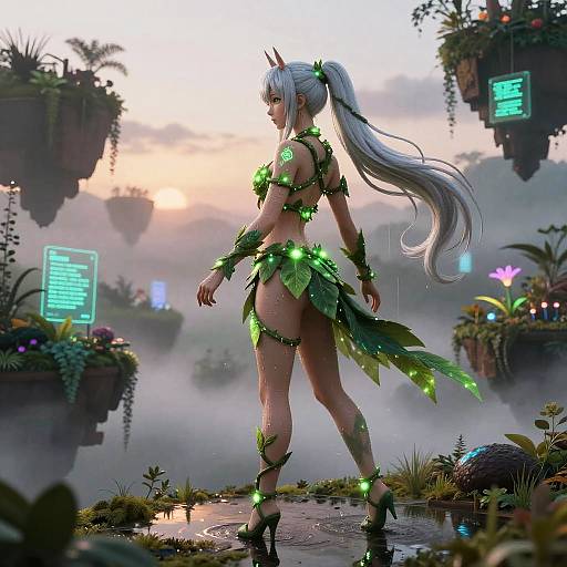 Digital artwork of a silver-haired elf woman in glowing green leaf armor, standing in a misty, floating plant-filled landscape at sunset.