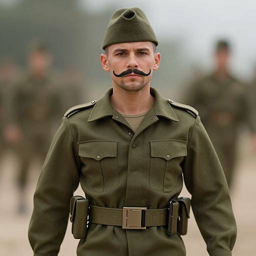 Photograph of a serious, mustached man in an olive green military uniform with a cap, belt, and pouches, standing in front of blurred