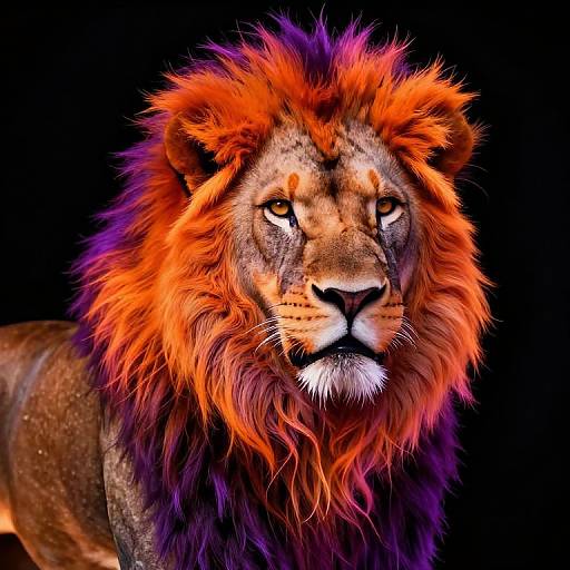 Photorealistic digital art of a majestic lion with vibrant orange, purple, and red mane, intense gaze, against a solid black background.