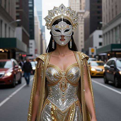 Photograph of a woman in a glittering, gold and silver masquerade costume with ornate headpiece, standing in a busy city street.