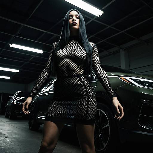 Model in Sheer Fishnet Dress in Dimly Lit Garage