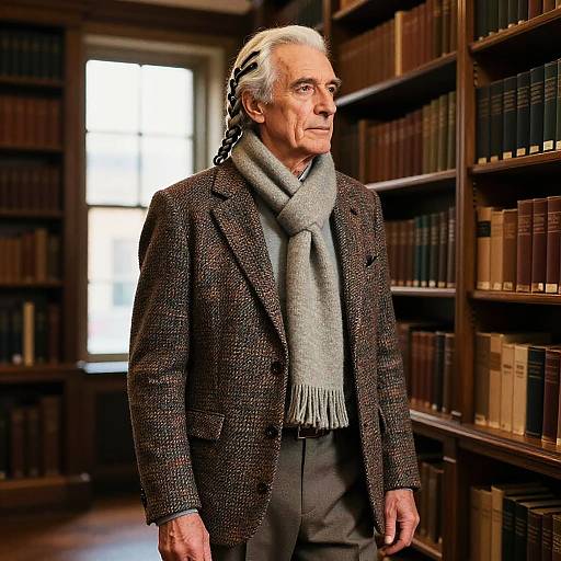 Elderly Man with Five-Strand Braid in Historic Library