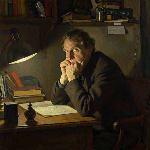 Photograph-style painting of a pensive man in dark clothing, illuminated by a desk lamp, sitting at a cluttered wooden desk with books, papers